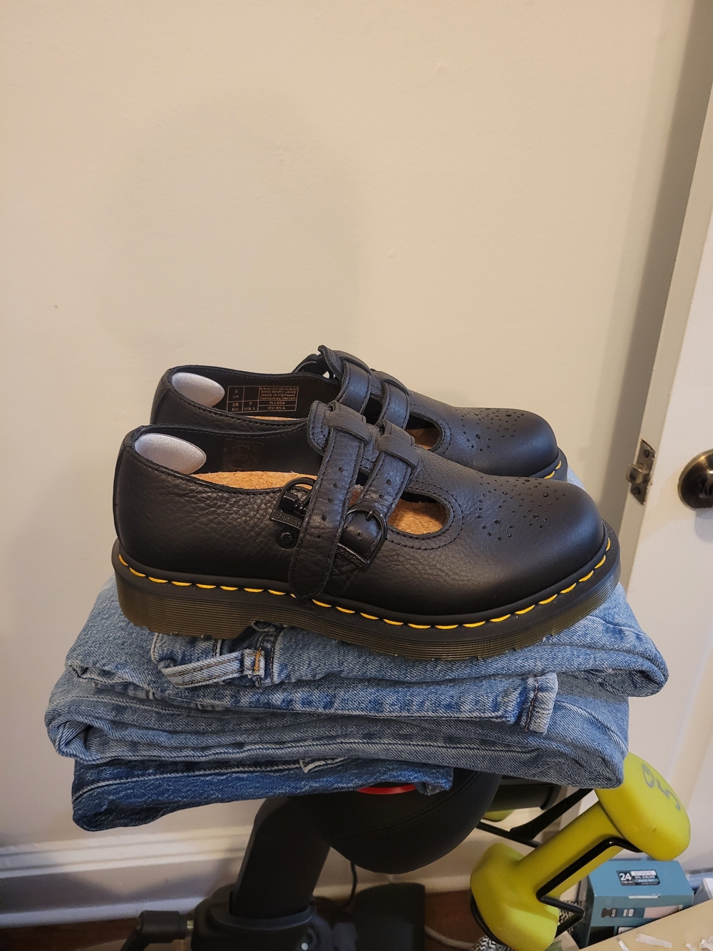 Doc Martens Black Mary Jane Shoes with Yellow Stitching - Picture 5 of 7
